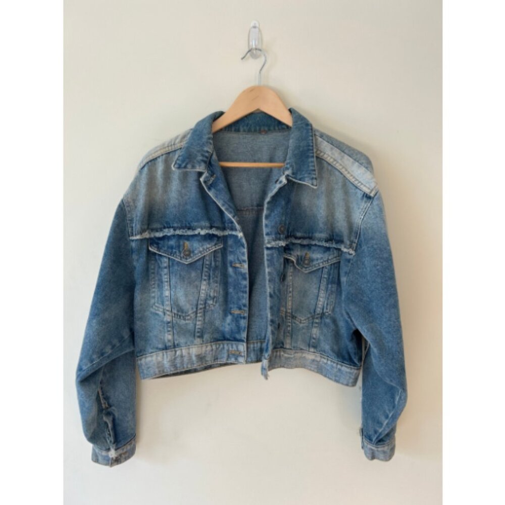Free People Cropped Fitted Frayed Seams Denim Light Wash Jacket